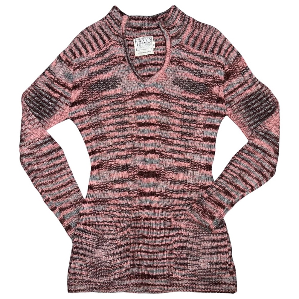 Vintage 70s PICATO Knit Sweater Tunic Women’s M Pink Gray Striped Long Sleeve